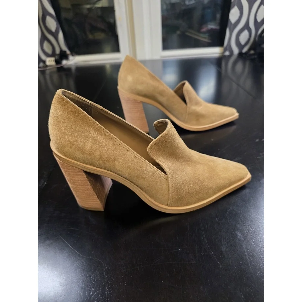 Vince Camuto Wevenly‎ Suede Block Heel Pumps Tan Camel Pointed Toe Womens 7M...
